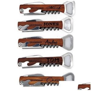 Openers Personalized Wedding Party Favor Custom Engraved Wood Wine Corkscrew Beer Bottle Opener Gifts For Guests Drop Delivery Home Dh6Jg