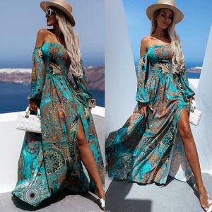 Vestidos Casuais Praia Feminina Noite Elegante Estampa Floral Boho Vestido de Verão Sexy Vestido Maxi Manga Longa