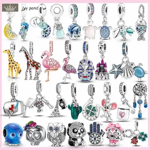 Pandora Charms Mewelry 925 Charm Boncuk Aksesuarları Pembe Flamingo Kafatası Boncuk Baykuş Kedi Panda Züraffe Teraz Seti P