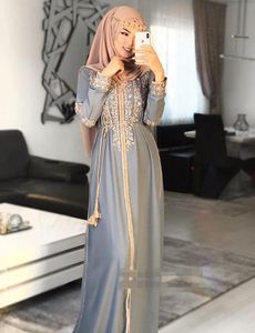 Robe de soiree de mariage gri kaftan yüksek boyun akşam balo altın nakış aplike dantel kılıf zarif uzun kollu resmi elbise