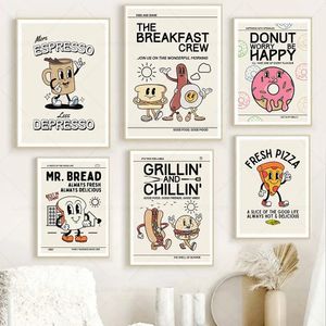Komik Tasarlı Tuval Boyama Retro Mutfak Baskı Sosis Yumurta Tostu Espresso Ekmek Mutfak Kahve Poster Duvar Sanat Posta ve Resim Diner Odası Kahve Dükkanı Çevresiz