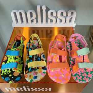 Sandals Melissa Colorful Contrast Children's Sandals Baby Kids Canvas Button Flat Bottom Sandals Boys Girls Roman Beach Shoes Jelly Shoe 230703