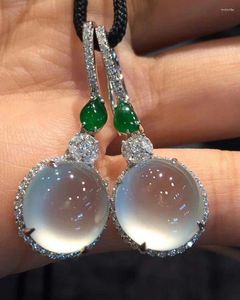 Dangle Earrings Luxury Round Moonstone Earring For Women Gorgeous Silver Color Metal Inlaid Zircon Drop-shaped Green Stone