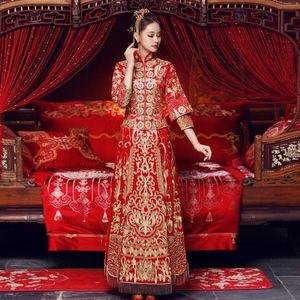 Kadınlar kırmızı oryantal qipao gelin gelinlik elbisesi Çin tarzı nakış Cheongsam tost giyim takım elbise evlilik hediyesi etnik182h