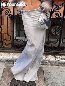 Etekler Heyoungirl moda kadınlar yarık kot pantolon y2k cadde açık mavi kravat boya denim uzun grunge seksi kış bayan kulüp kıyafetleri