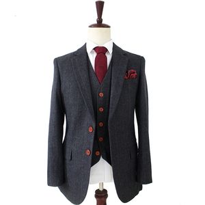 Erkek Suit Blazers Yün Koyu Gri Balıksırtı Terzi Slim Fit Düğün Takımları Erkekler için Retro Beyefendi Stil Özel Yapımı Mens 3 Piece Suit 230705