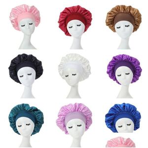 Beanie/Kafatası Kapakları Düz ​​Renk Saten Geniş Gece Şapkası Kadınlar Kız Elastik Uyku Bonnet Saç Bakım Moda Aksesuarları Deliv Dhc9y