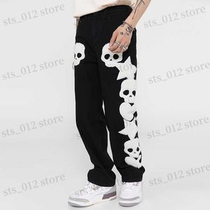 Erkek Kot Kafatası ve Beş Yıldızlı Havlu Nakış Yırtıcı Kot Pantolon Harajuku Vibe Stil Sokak Giyim Büyük Boyutlu Günlük Denim Pantolon T230705