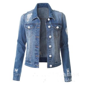 Autumn Women Clothing Denim Coat Holes Ripped Full Sleeves Turn Down Neck Single-breasted Pocket Distressed Casual Jean Coats Outwear Lady Jacket Blue Black