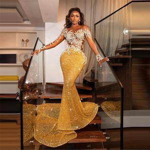 Сексуальные желтые бисерные бисера aso ebi вечерние платья прозрачные длинные рукава аппликации кристаллы бусинки русалка выпускное платье роскошные vestidos