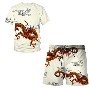 Erkek Trailsits Sportswear Tshirtshorts 2Piece Dragon Totem 3D Yaratıcı Baskı Harajuku Kısa Kollu 230705