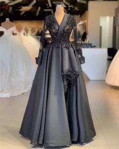 YENİ! Koyu gri dantel aplike a-line gece elbise vintage uzun kollu saten resmi gece arapça artı beden parti pageant elbiseler