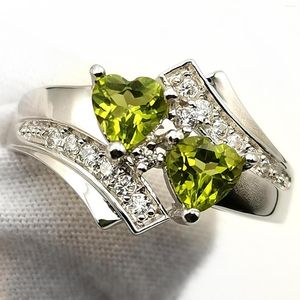 Кластерные кольца натуральный зеленый кольцо по перидоту женщины 925 Серебряное двойное сердце 5x5 мм кристалл август Рождение Рождение Счастливое камень R014RGN