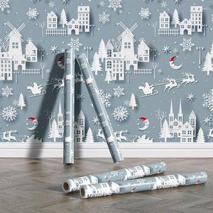 Duvar kağıtları soyulur ve mavi beyaz Noel duvar kağıdı kardan adam santas ağacı otel duvar ev dekor için kendi kendine yapışkan