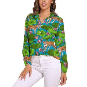 Kadın bluzları Tiger Baskı Bluz Pembe Lotus Ofis Deseni Kadın Sokak Giyim Gömlekleri Bahar Uzun kollu büyük boy üst