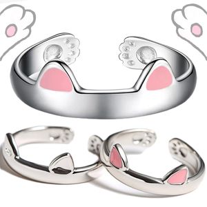 Cute Cat Ears Ring Opening Designer Cats Paw Embrace Tightly Finger Rings For Women Girls Trendy Pet Pink Ears Ring Jewelry Gift