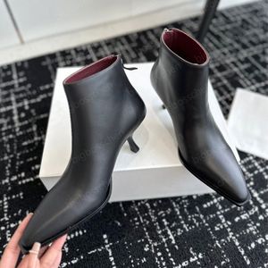 Tasarımcı çıplak botlar bayan row yüksek topuk kısa botları lüks sivri alçak topuk koyun derisi kariyer botları siyah moda tembel kokteyl yemeği elbise botları 35-40 kutu