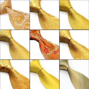 Цельно золотые желтые апельсиновые мужские галстуки Paisley цветочные сплошные полосы 100% шелк жаккардовый ткет