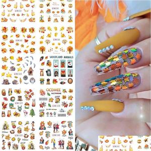 Adesivos Decalques 12 Projetos Para Unhas Borboleta Outono Maple Leaf Cartoon Series Water Transfer Sticker Nail Art Decor Polish Drop Dhbsi