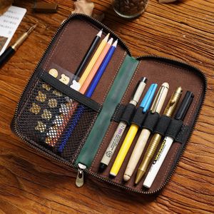 Pencil Bags Leather Pencil Case Zipper Retro Pen Pouch For School Students Cowhide Men Pencil Bag with Pen Slots Wholesale Unisex 230706