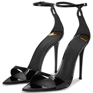 Дизайнерские сандалии Stiletto каблук модные патентные каблуки на каблуках лодыжка летние томы- высокие каблуки женские туфли свадебное платье невесты.