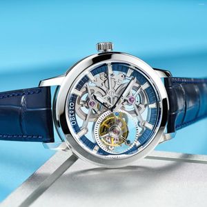 Armbanduhren OBLVLO Designer Tourbillon Herren Mechanische Uhren Echtes Leder Stahl Skelett Zifferblatt Handaufzug