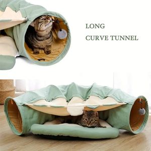 Kedi Tünel Yatağı, 2'si Bir arada Kedi Tüpü Yuvası Yumuşak Yastık ve Kapalı Kediler İçin Top Oyuncaklı Çok Fonksiyonlu Pet Tüneli Oyuncak Tavşanlar Yeşil