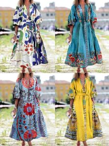 Vestidos Casuais Mulher Vestido Vintage Decote V 3/4 Manga Bufante Estampa Floral Borla Bainha Grande Maxi Para Mulheres Femme Robe Drop Delivery Appa Dhayr