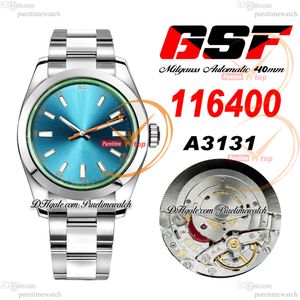 GSF 116400GV A3131 Automatic Mens Watch Green Superlume Polished Bezel Z-Blue Stick Dial OysterSteel Bracelet Super Edition Same Serial Card Reloj Hombre Puretime