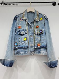 Kadın Ceketler Avrupa İstasyonu Lady Sonbahar Ağır Endüstri Tırnak Mücevher Ceket Gevşek İnce Allmatching Kısa Denim Ceket Kadınlar için 230707