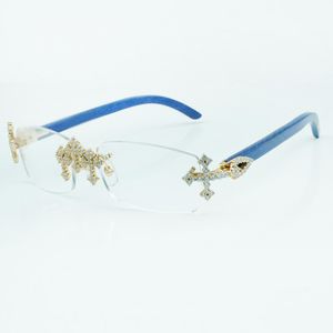 Çapraz Elmas Gözlük Çerçeveleri 3524012 Doğal mavi ahşap çubuklar ve 56mm berrak lens