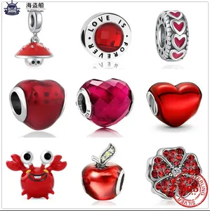 Para pandora charms autênticos 925 contas de prata Pendente Charm New Red Lovely Crab Mushroom Flower Glass Heart Bead