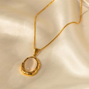 Kolye Kolyeleri Altın Renk Oval Şeklinde Beyaz Opal Doğal Taş Kolye Vintage Paslanmaz Çelik Kadınlar için Kız Mücevher Hediyesi