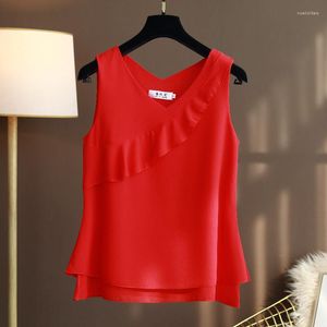 Kadın Bluzları Moda Markası Camisole Kadınlar 2024 Yaz Şifon Kolsuz Top Western Style V Neck Gevşek Dış Aşınma Kadınlar Günlük Gömlek