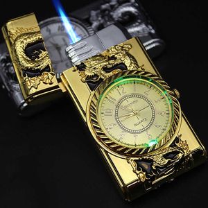Luxury Gold Watch Jet Lighter Torch Turbo No Gas Windproof Cigar Cigarette Metal LED Gasoline Butane Acce GG54