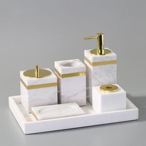 Держатели зубной щетки белые из Volakas Natural Marble Want Set Luxury Soap Lotion Dispenser Dispenser Cutd Cup Cup Band Golden 230710