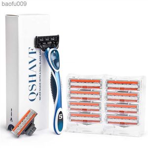 QShave Men Shaving Razor 1 Handle 10 Cartridges (9pcs X3 Blade 1pc X5 Blade) L230520