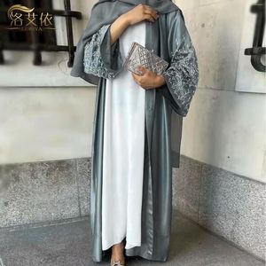 Ethnic Clothing Silky Beaded Abaya Muslim Dress Women Ramadan Eid Dubai Turkey Islam Robe Open Hijab Modest Outfit Kaftan