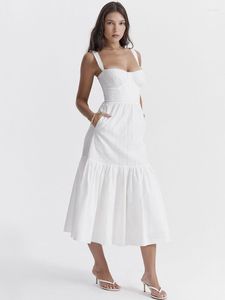 Günlük elbiseler Seksi uzun yazlık kadınlar için spagetti kayış beyaz vintage yüksek bel plaj düğün pamuk keten vestido mujer