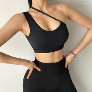 Yoga kıyafeti moda çıplak hissediyorum seksi asimetrik eğimli omuzlu bayanlar spor iç çamaşırı sarsıntılı fitness koşu kadın sütyen