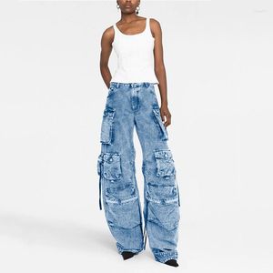 Jeans feminino multi-bolsa Street Hipster Moda Macacões de patchwork cinza fumaça Wash Water To Do Old Calças compridas e largas