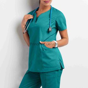 Другие одежда женщин с коротким рукавом скрабов скручивание сплошной медсестры униформа vneck Pocket Rabings Working