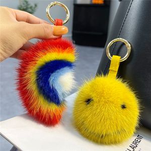 Keychains Lanyards Cute Rainbow Real Mink Fur Keychain Bag Charm Pendant Plush Smiley Ornaments Toy Car Key Metal Ring Trinkets Girl Birthday Gift 230710