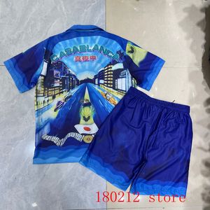 Mens Trailtsuits Blue City Gece Çılgın Yarış Baskı Hawaii Şort Gömlek Set Erkek Kadın Kazablanka Plajı Takım Japonya 230710