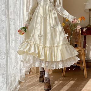 Etek Japonya moda kawaii lolita etek genç kızlar bahar sonbahar yüksek belli dantel patchwork sevimli yay fırfır uzun kadife