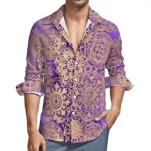 Erkek sıradan gömlekler boho mandala erkek mor ve altın gömlek uzun kollu moda y2k bluzlar bahar tasarım üstleri 3xl 4xl