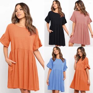 Casual Dresses Solid Color Mini Summer Dress Women Ruffles Round Neck Short Sleeve Pockets Loose Basic Vestido Beach 2023