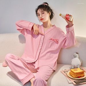 Kadın pürüzlü pembe tatlı yay kadın 2pcs pijama set seksi v yaka pamuk pijama takım elbise şeritli iç çamaşırı gecesi bahar salonu ev kıyafeti