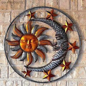 Metal Sun Moon Yüz Heykel heykel Duvar Sanatı Asılı Süsler Ev Kapalı Açık Bahçe Çit Ofis Masası Dekorasyon L230704