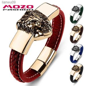 Mozo Moda Paslanmaz Çelik Charm Manyetik Çok Renkli UNISEX Aslan Bilezik Orijinal Deri Örgülü Modaya Müece Mücevher Hediyeleri 060 L230704